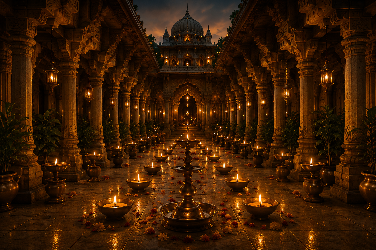 Traditional South Indian temple corridor lit with diyas at dusk