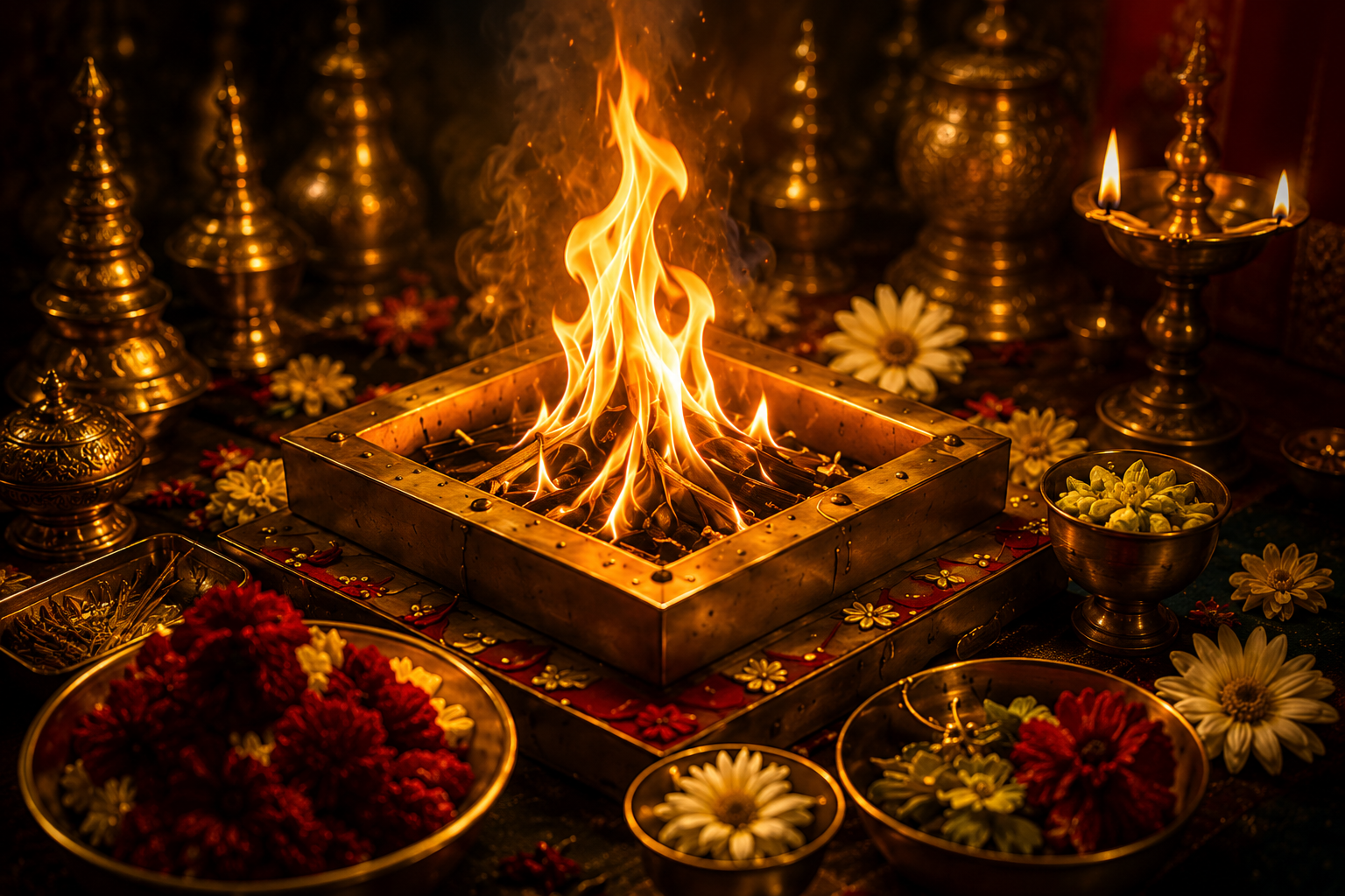Sacred homa fire ritual with brass lamps and flowers