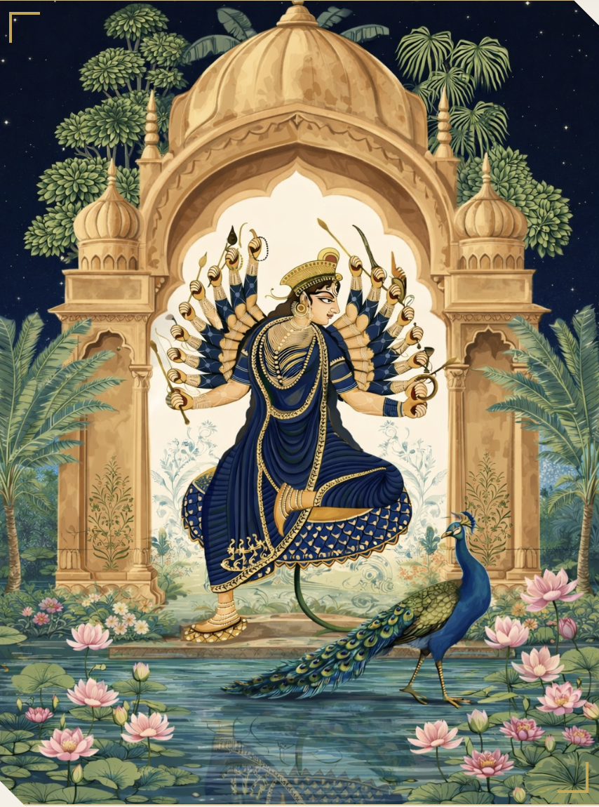 Traditional Vedic divine feminine artwork — goddess in a temple arch